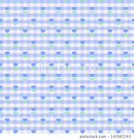 Cute Blue Tulip Gingham Seamless Pattern with Pastel Checkered Background Cute Blue Tulip Gingham Seamless Pattern with Pastel Checkered Background 142987243