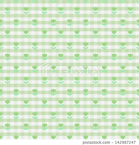 Cute Light Green Tulip Gingham Seamless Pattern with Pastel Checkered Background Cute Light Green Tulip Gingham Seamless Pattern with Pastel Checkered Background 142987247