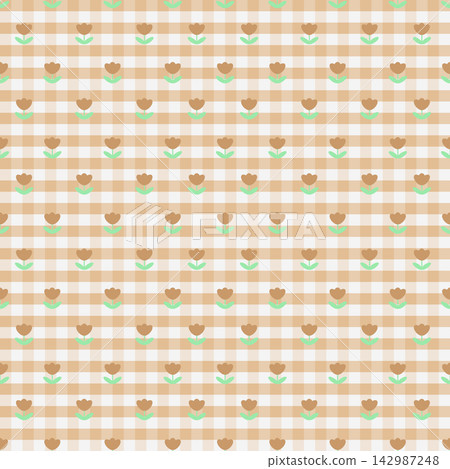 Cute Brown Tulip Gingham Seamless Pattern with Beige Checkered Background Cute Brown Tulip Gingham Seamless Pattern with Beige Checkered Background 142987248