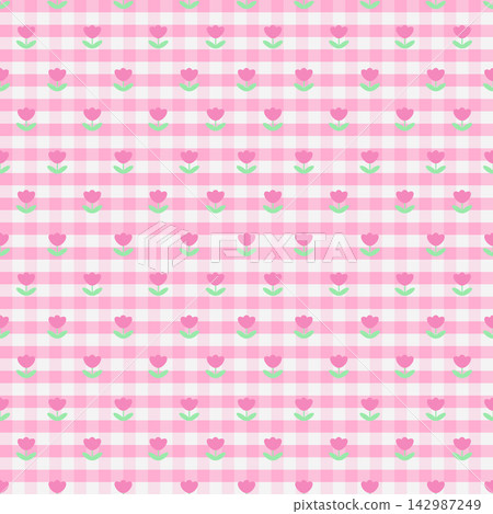 Cute Pink Tulip Gingham Seamless Pattern with Pastel Checkered Background Cute Pink Tulip Gingham Seamless Pattern with Pastel Checkered Background 142987249