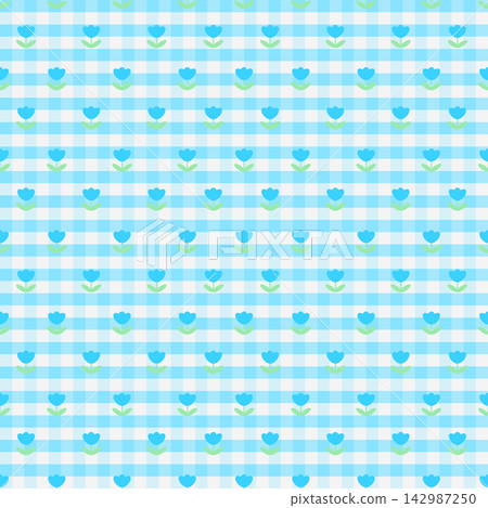 Bright Blue Tulip Gingham Seamless Pattern with Cute Checkered Background Bright Blue Tulip Gingham Seamless Pattern with Cute Checkered Background 142987250