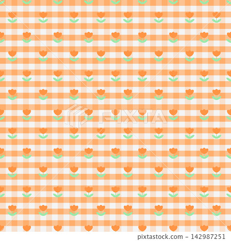 Cute Orange Tulip Gingham Seamless Pattern with Pastel Checkered Background Cute Orange Tulip Gingham Seamless Pattern with Pastel Checkered Background 142987251