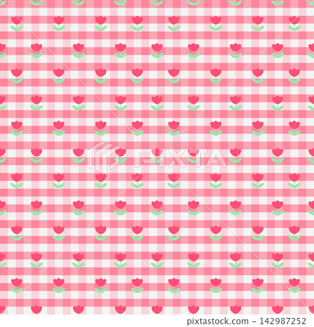 Cute Coral Pink Tulip Gingham Seamless Pattern with Checkered Background 142987252