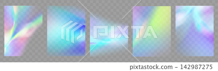 Crystal glass prism with holographic reflections and rainbow flare effect. Colorful confetti leaks, diamond glare streaks, and an abstract luminous background with iridescent light overlay. 142987275
