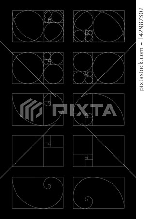 Templates of golden ratio harmony proportions. Horizontal Fibonacci numbers array set of 10 elements. Mathematical sequence, golden ratio, geometric proportions and design grid. Templates of golden ratio harmony proportions. Horizontal Fibonacci numbers array set of 10 elements. Mathematical sequence, golden ratio, geometric proportions and design grid. 142987302