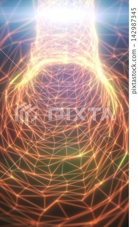 Glowing orange wireframe lines form an abstract futuristic tunnel with geometric depth, radiant motion, and immersive digital perspective. Glowing orange wireframe lines form an abstract futuristic tunnel with geometric depth, radiant motion, and immersive digital perspective. 142987345