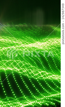 Bright green dotted waves form a flowing digital landscape of luminous data particles on a dark background. Bright green dotted waves form a flowing digital landscape of luminous data particles on a dark background. 142987349