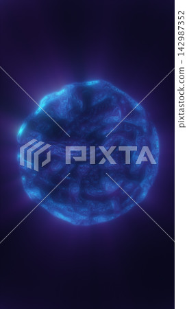 Dark blue plasma sphere with a glowing cyan rim and swirling fluid surface, creating a mysterious abstract cosmic energy orb on a purple background. Dark blue plasma sphere with a glowing cyan rim and swirling fluid surface, creating a mysterious abstract cosmic energy orb on a purple background. 142987352