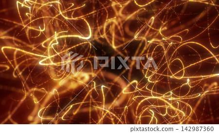 Abstract golden light trails and dotted lines on a warm dark background, forming a radiant energetic pattern with a luxurious futuristic feel. Abstract golden light trails and dotted lines on a warm dark background, forming a radiant energetic pattern with a luxurious futuristic feel. 142987360