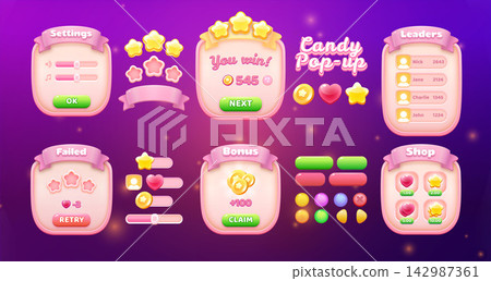 Candy Pop-Up Mobile Game UI Kit with Settings, Win, Shop, Leaderboard, Bonus, and Failed Popup Candy Pop-Up Mobile Game UI Kit with Settings, Win, Shop, Leaderboard, Bonus, and Failed Popup 142987361