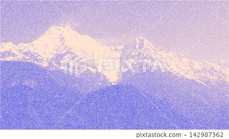 Stippled Snow Capped Mountain Landscape in Purple and Pastel Tones, Textured Dotwork Vector Illustration of Alpine Peaks and Sky for Nature Background Stippled Snow Capped Mountain Landscape in Purple and Pastel Tones, Textured Dotwork Vector Illustration of Alpine Peaks and Sky for Nature Background 142987362