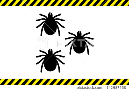 Beware of Ticks Warning Sign with Black Tick Silhouettes and Yellow Caution Hazard Stripes. Pest Insect Danger Beware of Ticks Warning Sign with Black Tick Silhouettes and Yellow Caution Hazard Stripes. Pest Insect Danger 142987368