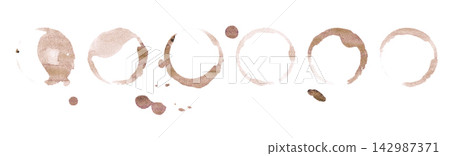 Set of Coffee Cup Ring Stains and Splashes with Brown Mug Marks and Drips Isolated on White Set of Coffee Cup Ring Stains and Splashes with Brown Mug Marks and Drips Isolated on White 142987371