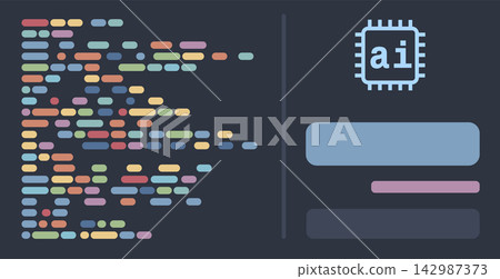Artificial Intelligence Concept Illustration with Abstract Colorful Code Blocks, Microchip Processor Icon and User Interface Placeholder Bars Artificial Intelligence Concept Illustration with Abstract Colorful Code Blocks, Microchip Processor Icon and User Interface Placeholder Bars 142987373