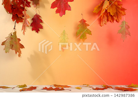 Creative autumn composition and screen banner. An empty, modern, and elegant product display table with maple leaves against a kitchen background,minimalist autumn concept. Thanksgiving greeting card. Creative autumn composition and screen banner. An empty, modern, and elegant product display table with maple leaves against a kitchen background,minimalist autumn concept. Thanksgiving greeting card. 142987386