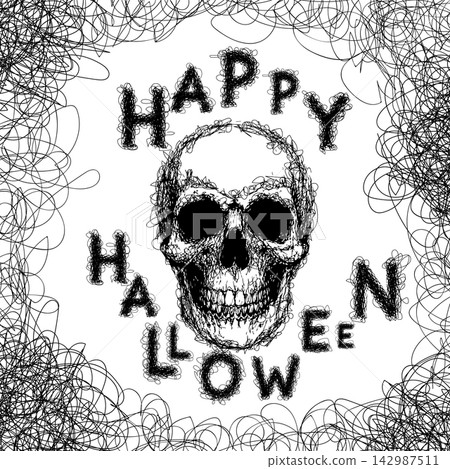 Skull swirls pen objects Happy Halloween Hand drawn vector illustration. Skull swirls pen objects Happy Halloween Hand drawn vector illustration. 142987511