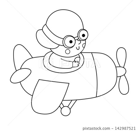 Vector black and white boy in khaki clothes going on safari on little propeller plane. Savanna traveler kid in helmet in airplane. Africa tourist flying on aircraft. Child explorer. Savannah pilot Vector black and white boy in khaki clothes going on safari on little propeller plane. Savanna traveler kid in helmet in airplane. Africa tourist flying on aircraft. Child explorer. Savannah pilot 142987521