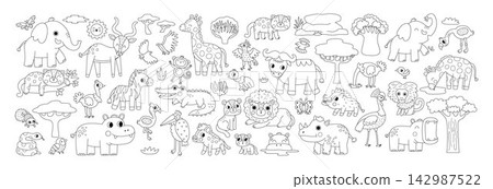 Big safari animals set for kids. Vector black and white African birds, insects, trees, plants collection. Line savanna pack. Cute lion, elephant, zebra, giraffe clipart. Savannah wildlife coloring Big safari animals set for kids. Vector black and white African birds, insects, trees, plants collection. Line savanna pack. Cute lion, elephant, zebra, giraffe clipart. Savannah wildlife coloring 142987522