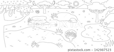 Horizontal black and white cartoon savannah border background, coloring page. Empty African nature landscape with trees, plants, lake, stone. Wild safari panorama scene with baobab, mountains Horizontal black and white cartoon savannah border background, coloring page. Empty African nature landscape with trees, plants, lake, stone. Wild safari panorama scene with baobab, mountains 142987523
