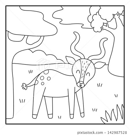 Square cartoon black and white scene with antelope, baobab. African savanna background with cartoon animal. Safari nature landscape, coloring page for kids. Savannah wildlife scenery with gazelle Square cartoon black and white scene with antelope, baobab. African savanna background with cartoon animal. Safari nature landscape, coloring page for kids. Savannah wildlife scenery with gazelle 142987528