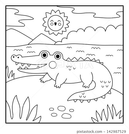 Square cartoon black and white scene with crocodile, water, sun. African savanna background with cute animal. Safari nature landscape, coloring page for kids. Savannah wildlife scenery with alligator Square cartoon black and white scene with crocodile, water, sun. African savanna background with cute animal. Safari nature landscape, coloring page for kids. Savannah wildlife scenery with alligator 142987529