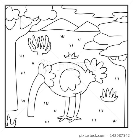 Square cartoon black and white scene with ostrich hiding head in ground. African savanna background with animal. Safari nature landscape, coloring page for kids. Savannah wildlife scenery with bird Square cartoon black and white scene with ostrich hiding head in ground. African savanna background with animal. Safari nature landscape, coloring page for kids. Savannah wildlife scenery with bird 142987542