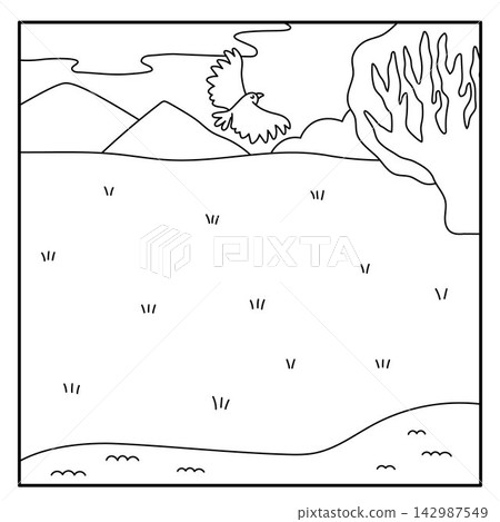 Cartoon African savanna black and white background. Empty safari nature landscape with plants, water or river, mountains, flying eagle, spurge. Wild savannah square line scene, coloring page Cartoon African savanna black and white background. Empty safari nature landscape with plants, water or river, mountains, flying eagle, spurge. Wild savannah square line scene, coloring page 142987549