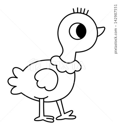 Vector cartoon black and white baby ostrich. Funny African or safari little animal clipart. Cute savannah bird chick icon for kids. Line savanna element. Africa wildlife illustration, coloring page Vector cartoon black and white baby ostrich. Funny African or safari little animal clipart. Cute savannah bird chick icon for kids. Line savanna element. Africa wildlife illustration, coloring page 142987551