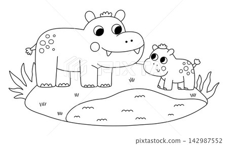 Vector black and white African hippopotamus with baby on grass. Line cartoon savanna hippo family scene for kids. Safari animals on natural background. Savannah mother and baby coloring page 142987552