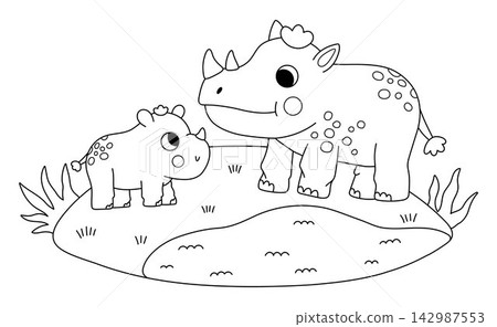 Vector black and white African rhinoceros with baby on grass. Cute cartoon savanna rhino family scene for kids. Safari line animals on natural background. Savannah mother and baby coloring page Vector black and white African rhinoceros with baby on grass. Cute cartoon savanna rhino family scene for kids. Safari line animals on natural background. Savannah mother and baby coloring page 142987553