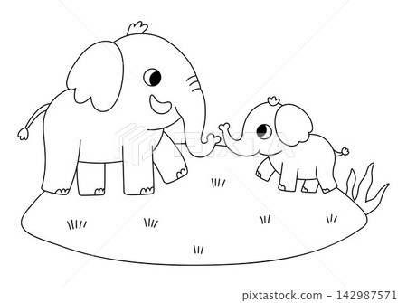 Vector black and white African elephant with baby on grass under sun. Line cartoon savanna family scene for kids. Safari animals on natural background. Savannah mother and baby coloring page Vector black and white African elephant with baby on grass under sun. Line cartoon savanna family scene for kids. Safari animals on natural background. Savannah mother and baby coloring page 142987571