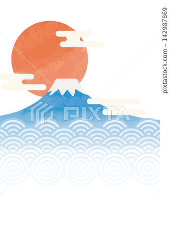 日出、富士山,以及帶有波浪圖案的傳統日本新年賀卡背景。 日出、富士山,以及帶有波浪圖案的傳統日本新年賀卡背景。 142987869
