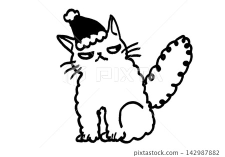A monochrome line drawing vector illustration of a cute, grumpy, fluffy cat wearing a Santa hat. A monochrome line drawing vector illustration of a cute, grumpy, fluffy cat wearing a Santa hat. 142987882