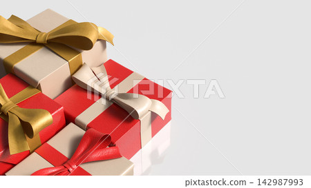 Elegant Red and Cream Gift Boxes with Decorative Ribbon Bows 3d render. Elegant Red and Cream Gift Boxes with Decorative Ribbon Bows 3d render. 142987993