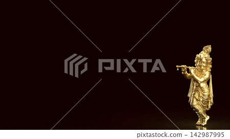 Golden Lord Krishna Playing Flute on Dark Background with Copy Space 3d render. Golden Lord Krishna Playing Flute on Dark Background with Copy Space 3d render. 142987995