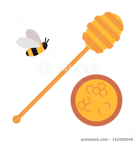 Honey dipper with a jar of golden honey and a small bee. Sweet natural food items for beekeeping, cooking, breakfast and harvest themes. Flat vector illustration isolated on white background Honey dipper with a jar of golden honey and a small bee. Sweet natural food items for beekeeping, cooking, breakfast and harvest themes. Flat vector illustration isolated on white background 142988049