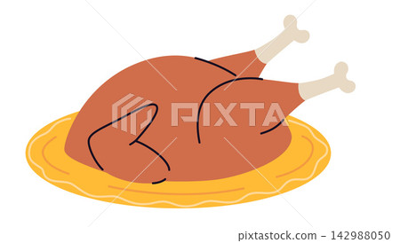 Roasted turkey or chicken served on a plate. Classic festive food for Thanksgiving dinner, holiday meals and harvest celebrations. Flat vector illustration isolated on white background Roasted turkey or chicken served on a plate. Classic festive food for Thanksgiving dinner, holiday meals and harvest celebrations. Flat vector illustration isolated on white background 142988050
