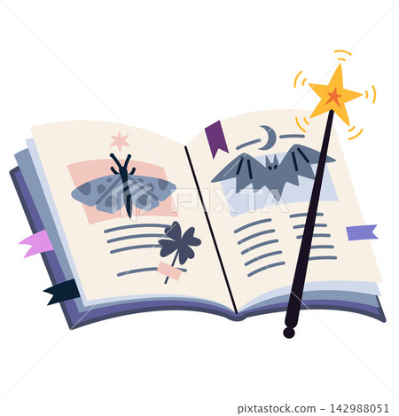 Open spellbook with magical symbols and a wand. Enchanted fantasy object for witchcraft, wizardry, Halloween and mystical storytelling. Flat vector illustration isolated on white background Open spellbook with magical symbols and a wand. Enchanted fantasy object for witchcraft, wizardry, Halloween and mystical storytelling. Flat vector illustration isolated on white background 142988051