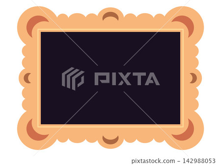 Decorative wooden rectangular frame with a scalloped vintage border and crescent moon. Flat vector illustration isolated on white background Decorative wooden rectangular frame with a scalloped vintage border and crescent moon. Flat vector illustration isolated on white background 142988053