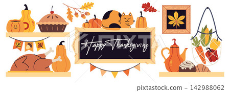 Happy Thanksgiving holiday composition with pumpkins, turkey, harvest, leaves and autumn decor. Festive seasonal arrangement for fall designs. Modern flat vector illustration 142988062