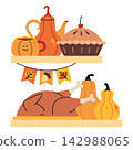 Thanksgiving food arrangement with roasted turkey, pie, pumpkins, teapot and autumn bunting on the shelves. Festive seasonal vector illustration for holiday cards, menus and fall decorations 142988065