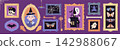 Witchcraft collection of decorative frames with magical images like a witch, haunted house, bats and moths. A whimsical fantasy art for mystical themes. Flat vector illustration 142988067