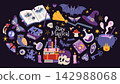 Magical witchcraft set with spell books, potions, candles and mystical creatures. Magical and whimsical fantasy atmosphere art. Trendy modern vector illustration on black background, flat design 142988068