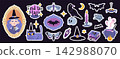 Witchcraft sticker set with a witch portrait, cat, spell books, bats and mystical symbols. A whimsical fantasy art for magical themes. Die cut with white outline. Flat Vector illustration 142988070
