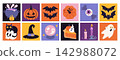 Halloween magic icon set with a cauldron, jack o lantern, bats,  black cat and magical symbols. Cute arts for seasonal cards, stickers and party design. Flat vector illustration 142988072