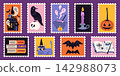 Halloween postage stamp set with a haunted house, raven, cauldron, pumpkin and magic elements. Cute spooky arts for seasonal cards, stickers and party design. Flat vector illustration 142988073