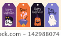Halloween gift tags with festive greetings, spooky characters and decorative elements including a black cat, ghost, pumpkin and magic cauldron. Modern vector illustration. 142988074