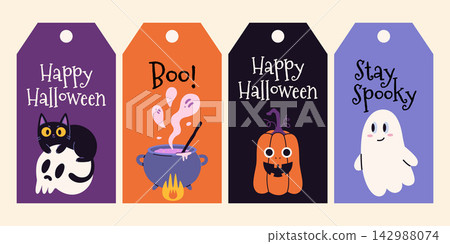 Halloween gift tags with festive greetings, spooky characters and decorative elements including a black cat, ghost, pumpkin and magic cauldron. Modern vector illustration. Halloween gift tags with festive greetings, spooky characters and decorative elements including a black cat, ghost, pumpkin and magic cauldron. Modern vector illustration. 142988074