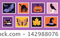 Halloween postage stamp set with spooky illustrations of bats, black cats, pumpkin and witch hats. Festive designs for seasonal mail and decorations, flat vector arts 142988076