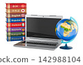 Online language learning with laptop, multilingual books and globe. 3D rendering 142988104